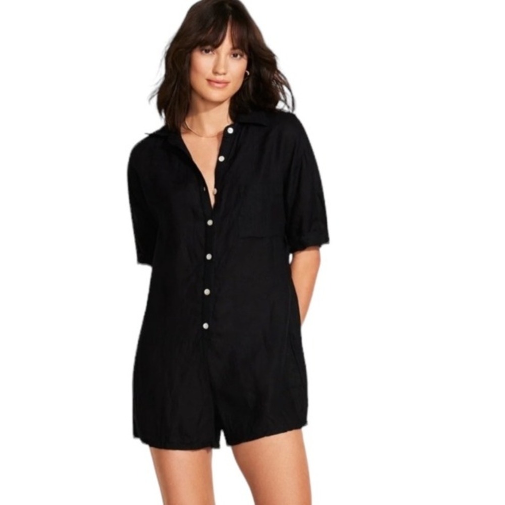 Vitamin A Playa Linen Short Utility Romper Womens L Black Button Front Relaxed